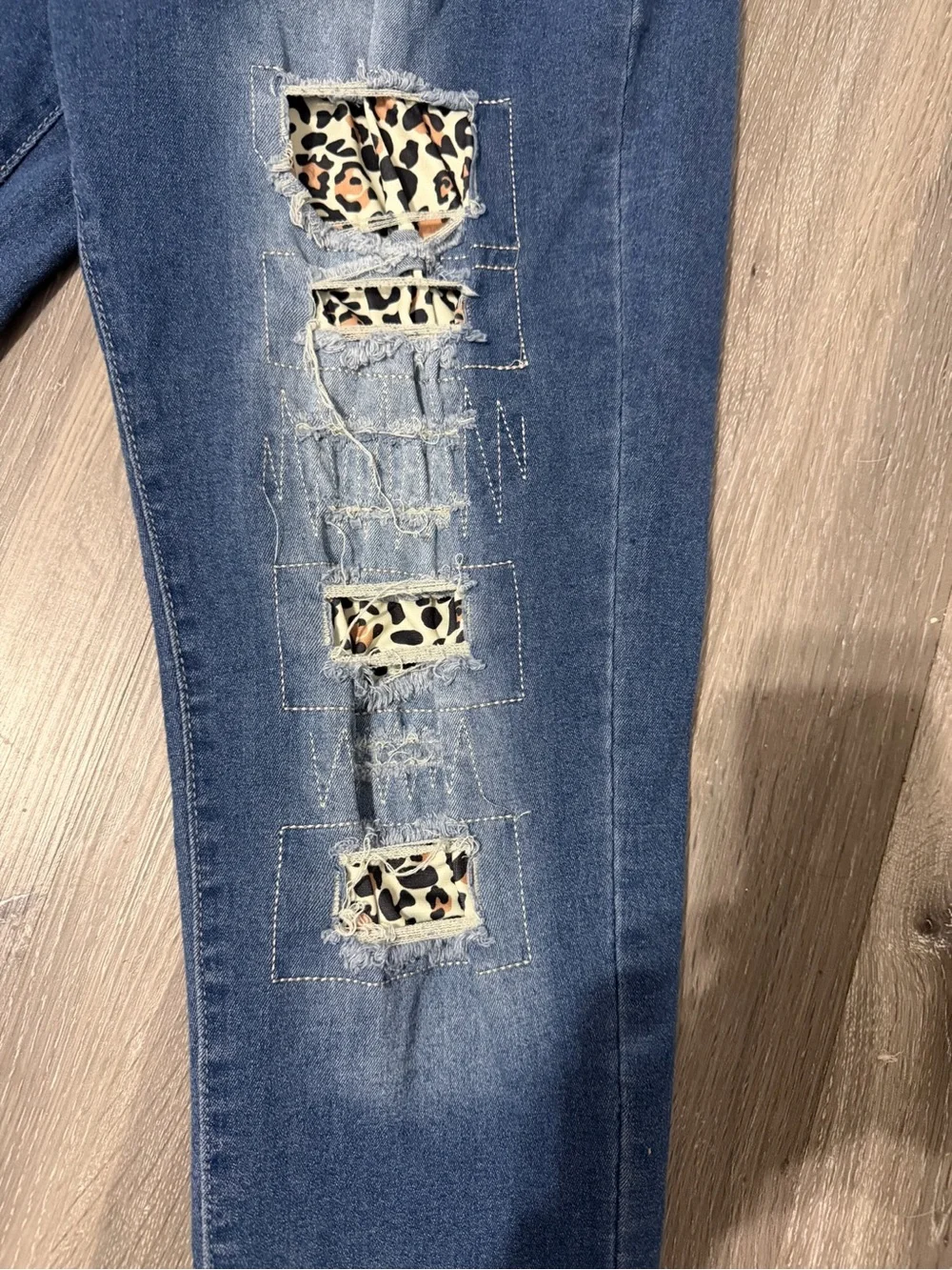 Dark Blue Distressed Boyfriend Jeans with Leopard Patch Accents size 1X
